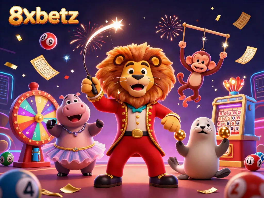 Experience the vibrant lottery-themed celebration with 8xbetz characters bringing joy and excitement in a colorful casino scene.