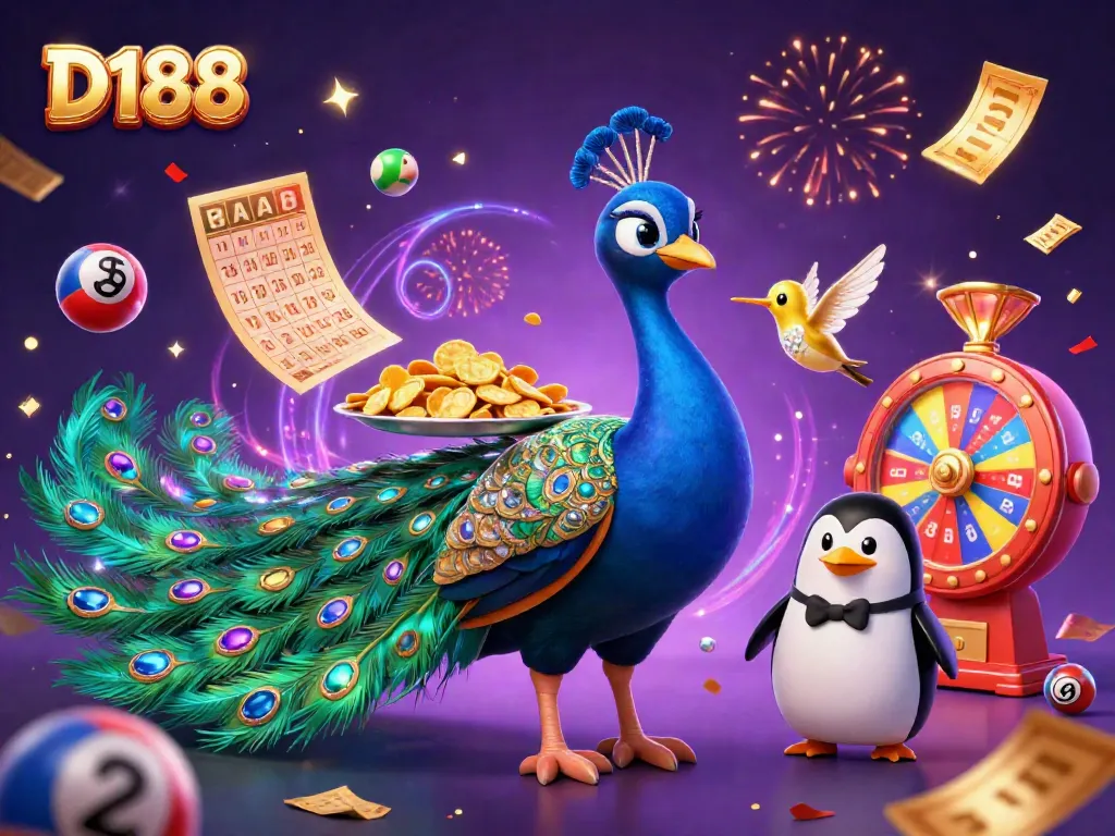 Engage with D188's vibrant casino atmosphere featuring a peacock, penguin, and hummingbird among colorful game elements.