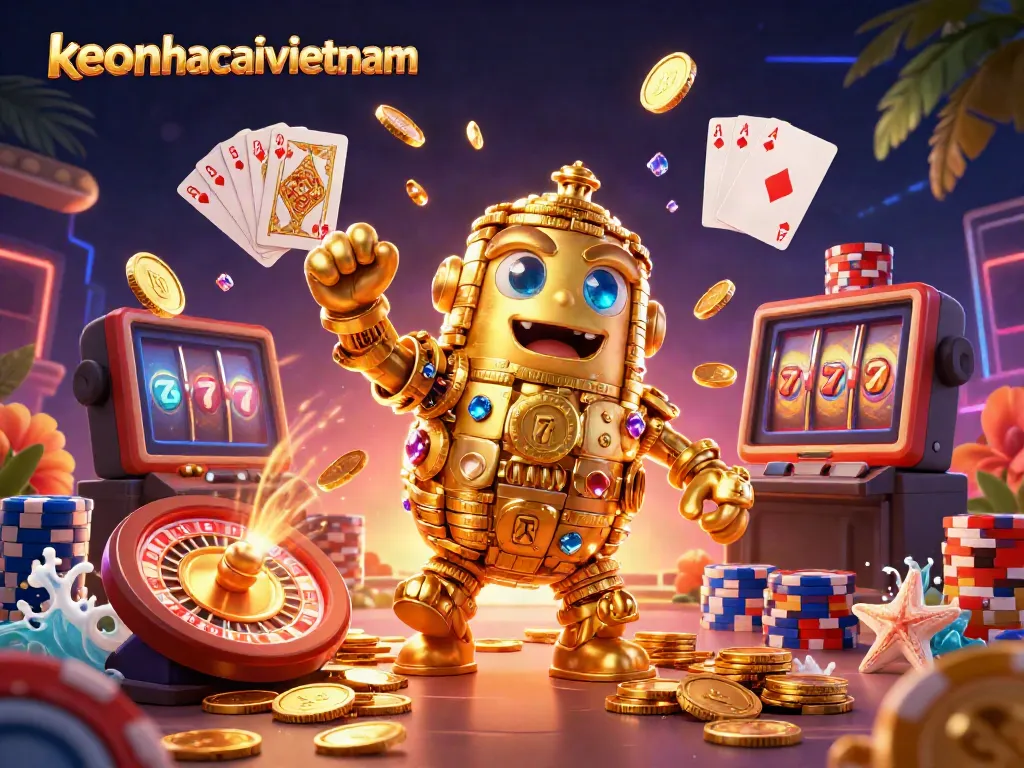 Experience keonhacaivietnam's thrilling casino scene with a golden golem amidst vibrant gaming elements.