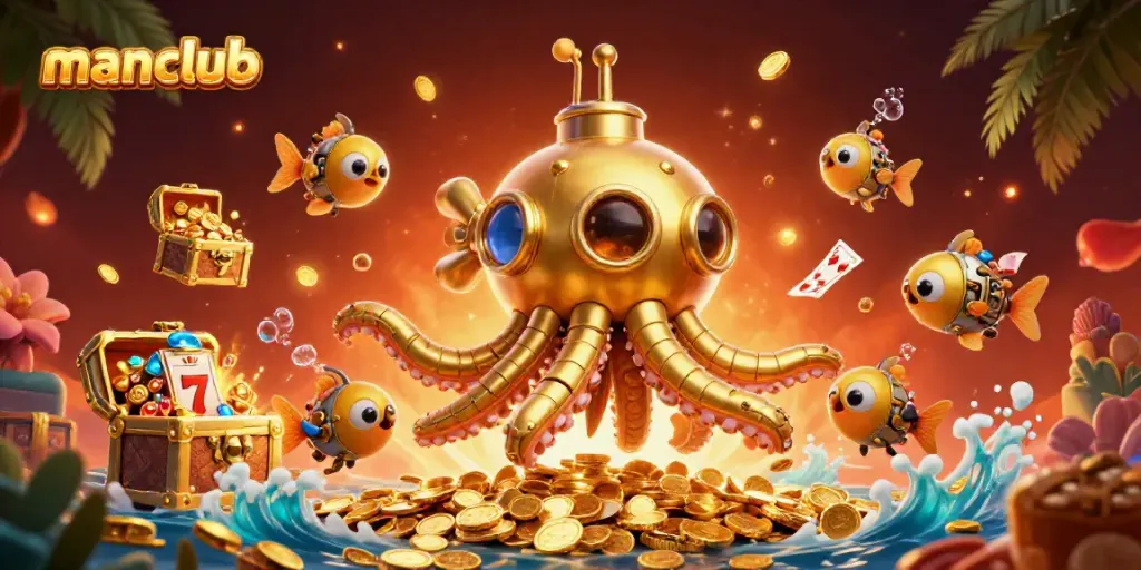 Experience thrilling wins with manclub's exciting 3D casino adventure featuring a kraken and treasure.