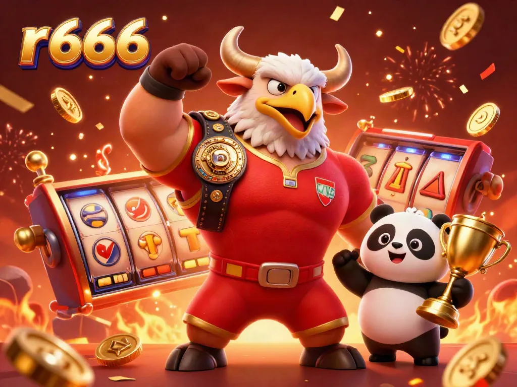 Experience the thrill of the r 666 casino with dynamic visuals of a bull mascot and celebration elements.