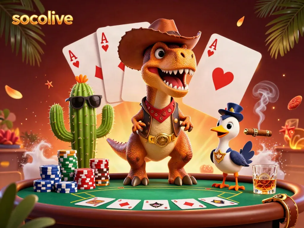 Experience exciting poker action with socolive featuring a cartoon dinosaur in a Western setting.