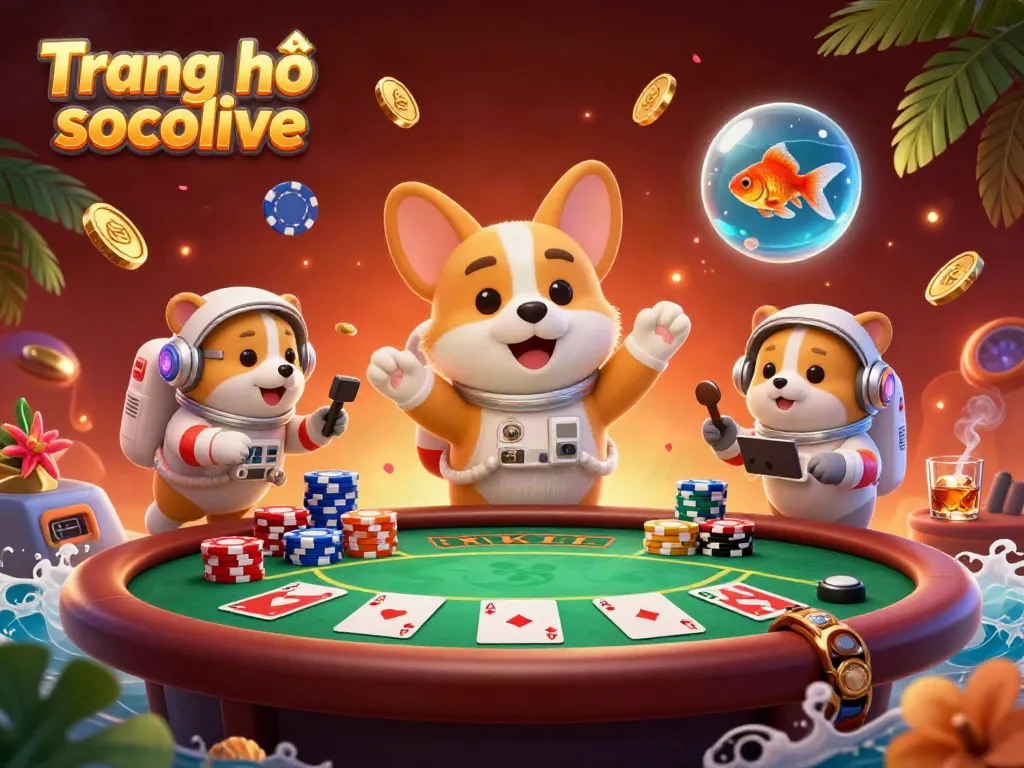 Experience Trang chủ socolive with astronaut corgi in a dynamic casino-themed space station, gambling elements floating