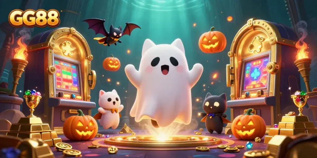 Experience the thrilling GG88 casino adventure with a ghost cat and vampire bat amidst a treasure-filled mansion.