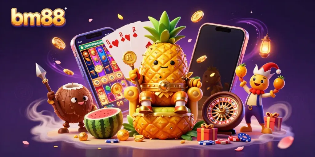 Spin for riches at bm88 with the golden pineapple king and festive beach casino backdrop.