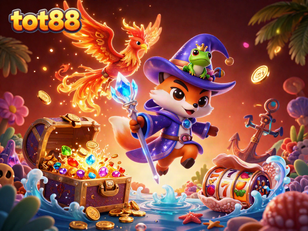 Experience the thrilling world of tot88 with a wizard fox, phoenix, and dazzling casino elements.